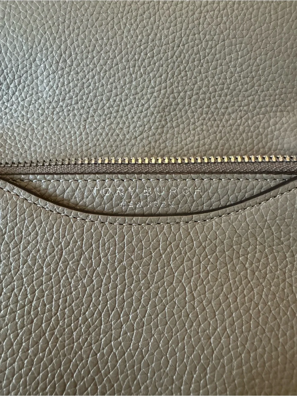 Tory Burch Taupe Pebbled Leather Logo Chain Crossbody